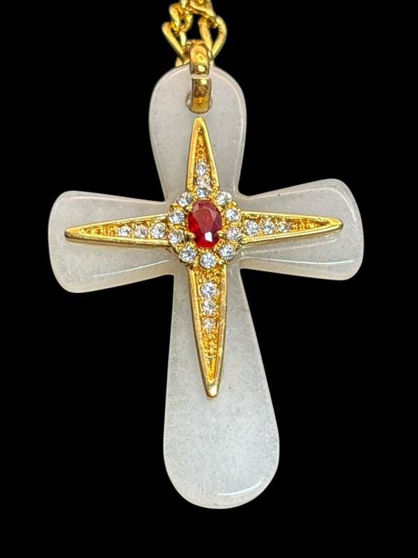 Jackie Kennedy JBK Camrose Kross 24K Yellow Gold Plate Cross Necklace Red Swarovski Stone and Diamonique