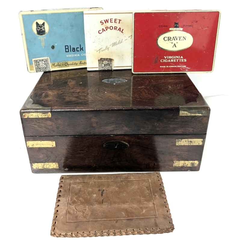 Vintage Wooden Box, Leather Wallet & 3 Vintage Cigarette Tins : Black Cat, Sweet Caporal & Craven "A"