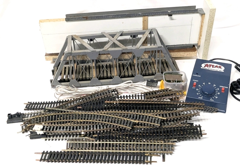 ATLAS Model Railroad Co Hobby Transformer, Homemade Bridge with Supports, Wiring, Assorted Pieces of H0 Scale Track + Pins & Tiny Animals in Container