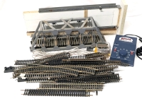 ATLAS Model Railroad Co Hobby Transformer, Homemade Bridge with Supports, Wiring, Assorted Pieces of H0 Scale Track + Pins & Tiny Animals in Container