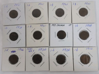 1921 - 1929 Canadian King George V One Cent Pennies . 1921 &times;6 , 1926 &times;4 , 1927 & 1929 . Twelve (12) Coins