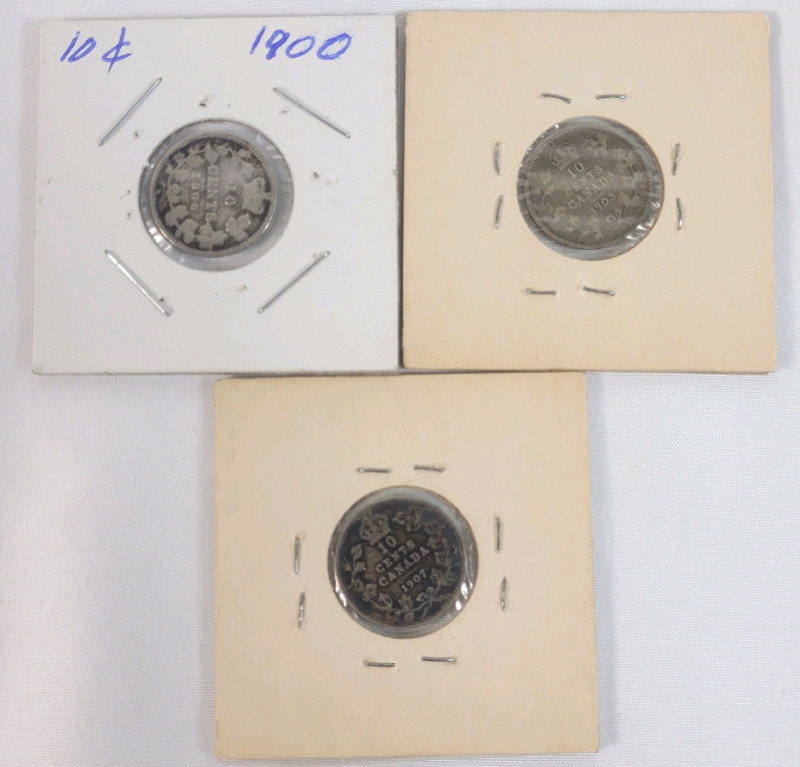 1900 , 1903H & 1907 Canadian Silver 10 Cent Dimes . Three (3) Coins