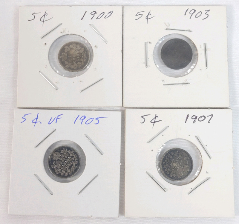 1900 - 1907 Canadian Silver 5 Cent Nickels . 1900 , 1903 , 1905 & 1907 . Four (4) Coins