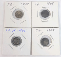 1900 - 1907 Canadian Silver 5 Cent Nickels . 1900 , 1903 , 1905 & 1907 . Four (4) Coins