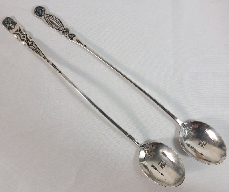 Vintage Navajo Native American Sterling Silver Spoons with Arrows and Whirling log in the bowl . Spoons measure 8 7/8" long . No Hallmarks