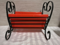 Vintage Mid-Century Modern Magazine Rack . Metal Frame w/Orange Plastic Insert