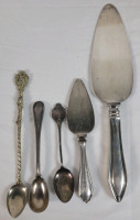 Sterling Silver & Silver Plate Lot . 1952 Sterling Gold Spoon , Sterling Handle Dessert Servers & 2 Plated Spoons