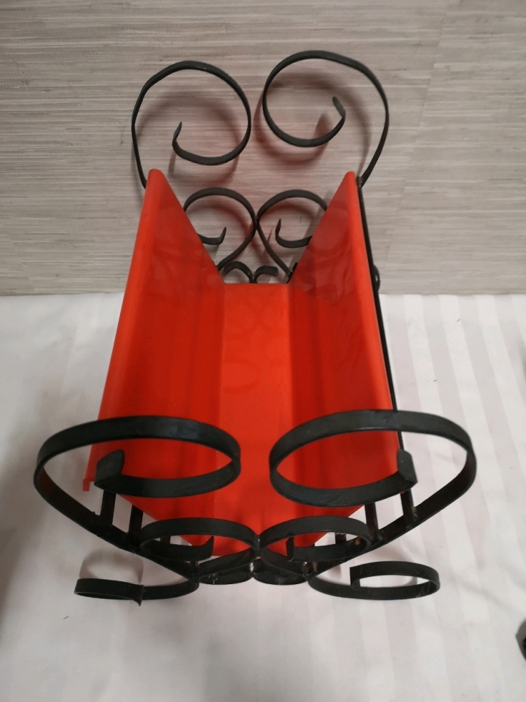 Vintage MidCentury Modern Magazine Rack . Metal Frame w/Orange Plastic Insert