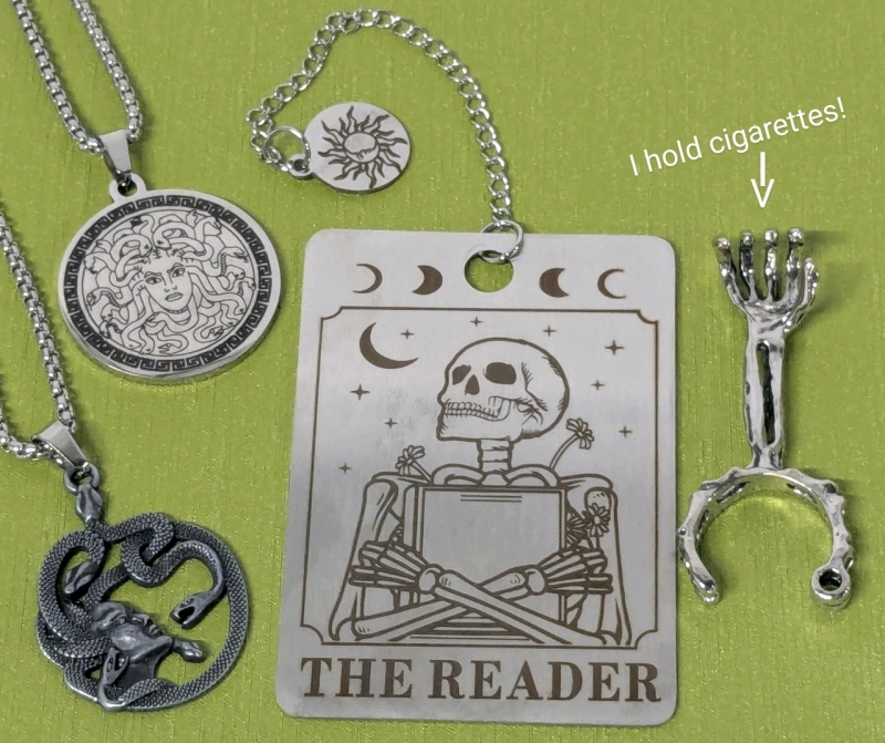 2 New Medusa Necklaces (Etched & Relief), Etched Tarot-Style "The Reader" Metal Bookmark & Neat Open-Cuff Skeleton Ring Cigarette Holder