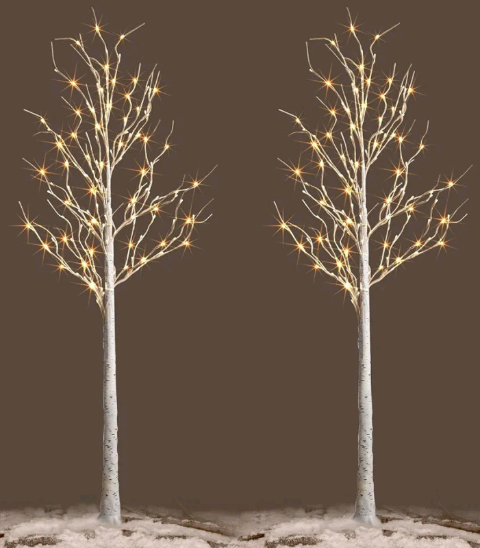 New - 2pk. 4ft. Lighted Birch Artificial Trees . Prelit White Artificial Trees for Indoor Outdoor Decor Garden Wedding Party Bedroom Decoration . Assembly Required