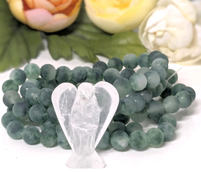 New AngelStones 2" Carved Clear Quartz Gemstone Pocket Guardian Angel Healing Statuette & 2 Strands of Frosted Green Glass 8mm Beads (Approx 90+ Beads Total)