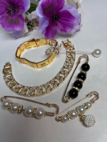 New - 2 Wide Gold Tone Bracelets Brooches & Butterfly Lapel Pin Fabulous