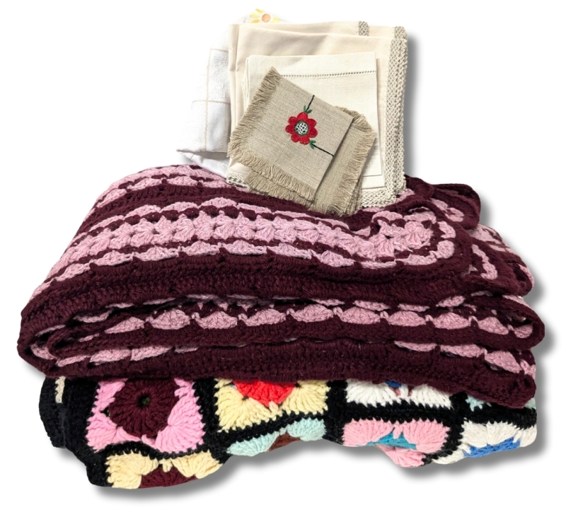 2 Handmade Blankets & Assorted Napkins & Tablecloth | Granny Square Blanket 55" x 74"