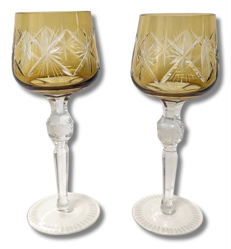 Pair of Mid Century Modern Czech Crystal Goblets &bull; 9.25" Tall