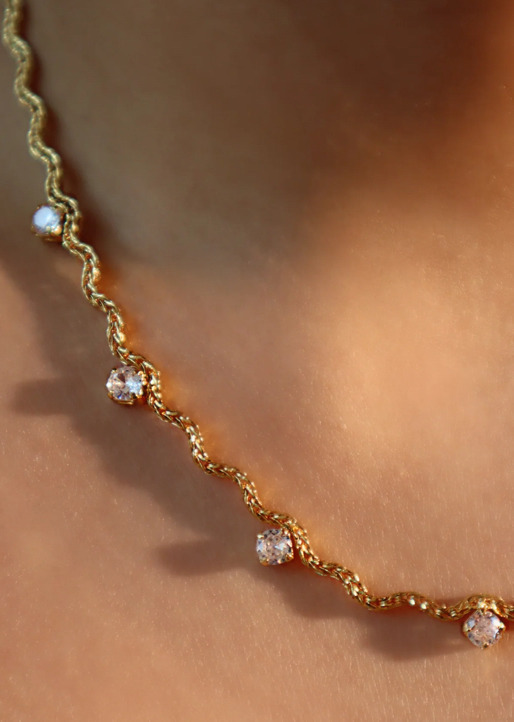 New 18K Real Gold Plated Diamond CZ Wave Necklace Boxed