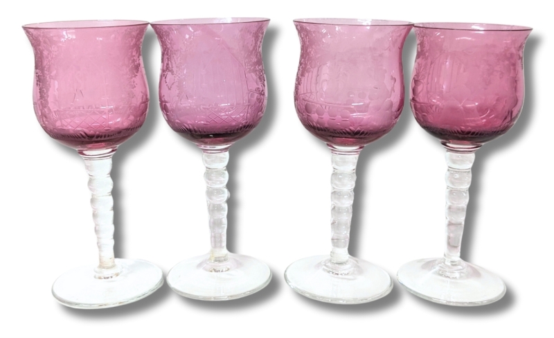 4 Vintage Venetian Cranberry & Clear Potential Crystal Goblets | 6.2" Tall ea