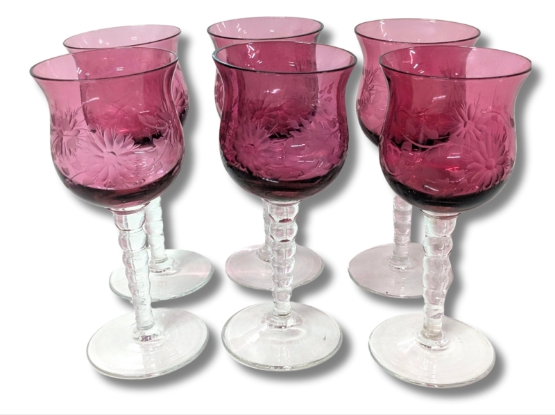 6 Vintage Daisy Flower Cranberry & Clear Potential Crystal Goblets | 6.2" Tall ea