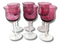 6 Vintage Daisy Flower Cranberry & Clear Potential Crystal Goblets | 6.2" Tall ea