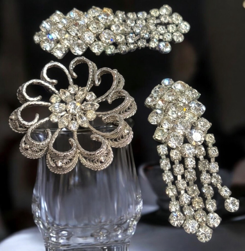 Vintage 1950s Signed AMLEE Sterling Filigree Rhinestone Floral Brooch Statement Austria Made Cascading Earrings