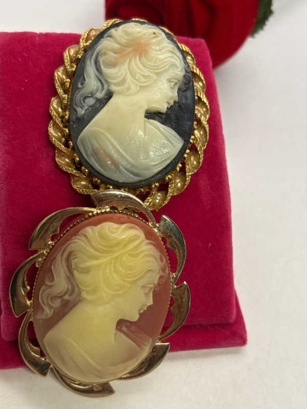 Two Vintage Cameo Brooches in Gold Tone Victorian Ladies