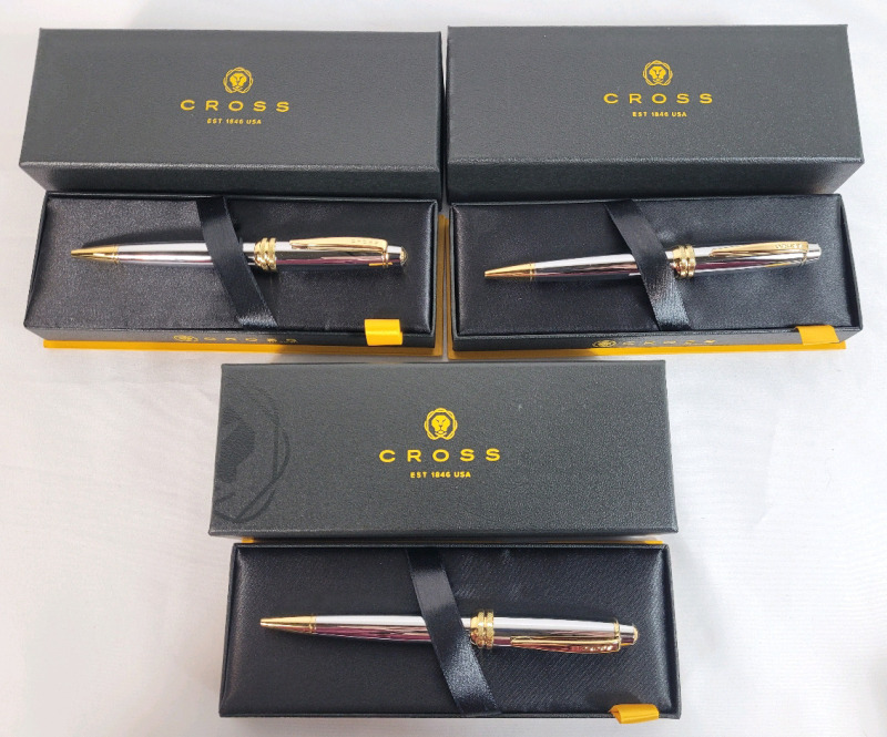 New - Three (3) CROSS Bailey Ball-Point Pens , Medalist Chrome w/Gold Trim
