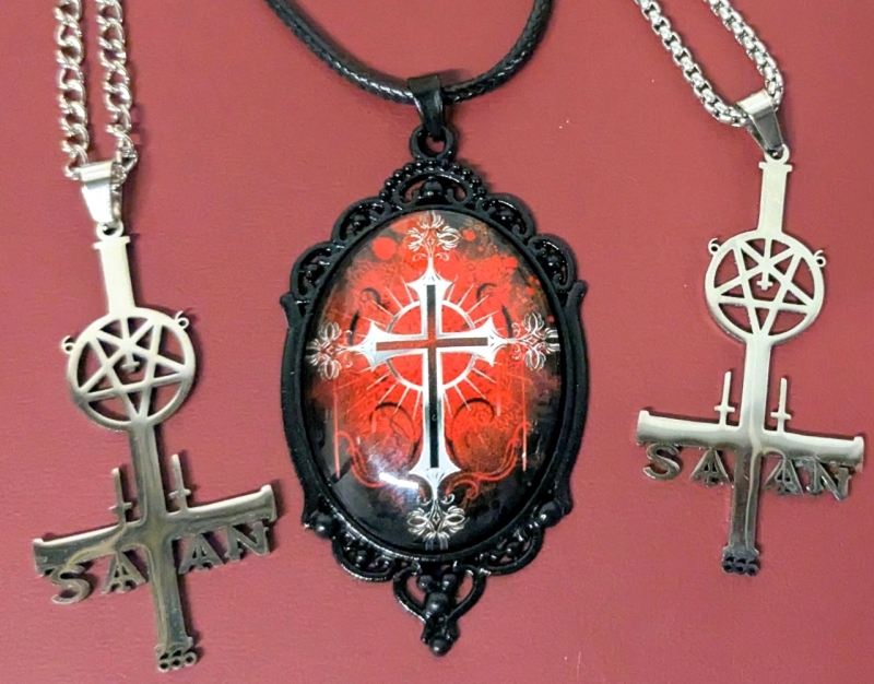 2 New Silver Tone Inverted Cross with Pentagram Necklaces on 23" Chains & Dark Gothic Cross Owl Cabochon on 18" Cord