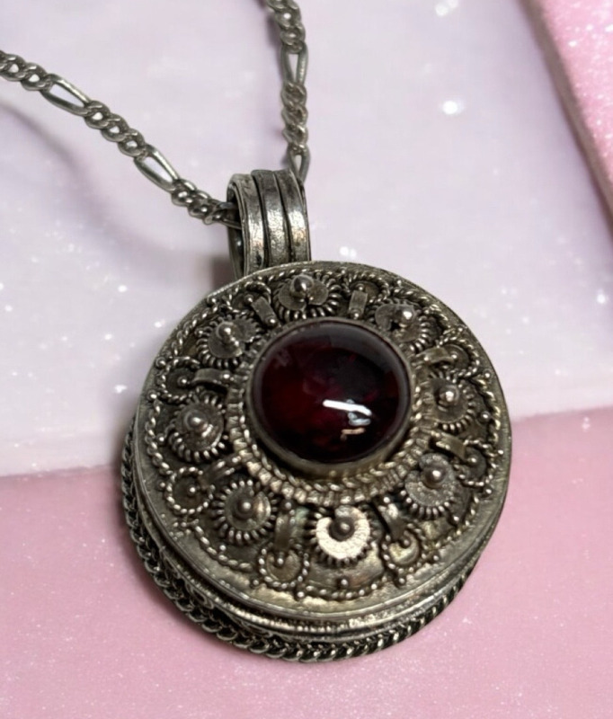 Bali Ornate Round Garnet Locket Sterling Silver Pendant 24 Inch Chain