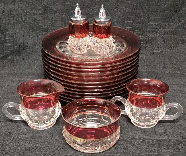 17 Kings Crown Thumb Print Pattern Plates, Sugar, Creamer & Shakers & Bowl
