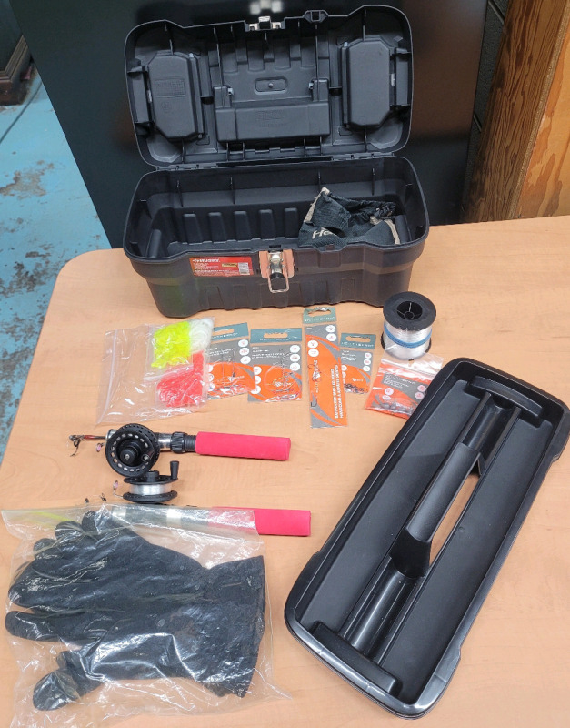Husky 16" Tool Box w/Fishing Accessories . Includes Two (2) Extension Fishing Rods , Lures , Line Gloves . See Photos