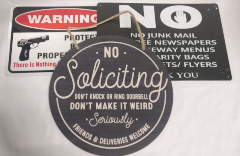 3 pcs | House Signs | "No Soliciting" , "No Junk Mail" & "Warning: Protected" | Largest Item Measures 8 x 12"