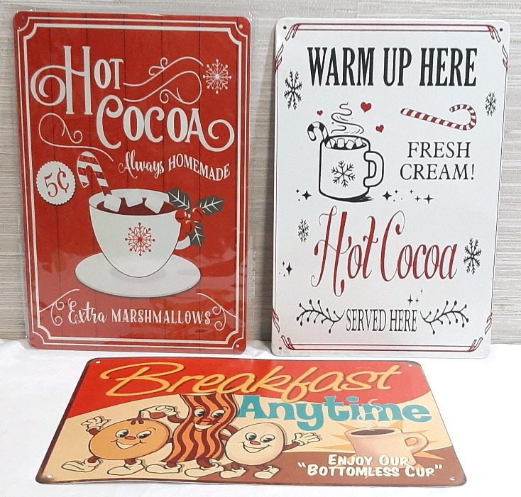 3 New Cocoa and Coffee Metal Signs - 12"x8"