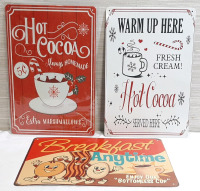 3 New Cocoa and Coffee Metal Signs - 12"x8"