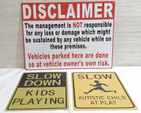 3 New Warning Metal Signs - 16"x8" and 12"x8"
