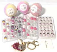 New Trio of Bath Bombs with 96 Piece Kids False Nails & Gold Tone Rhinestone Bunny Keychain.