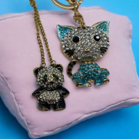 Betsey Johnson Rhinestone Panda Pendant Necklace Black Enameled Rhinestone Cat Accessory