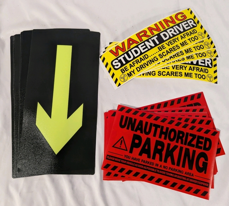 32 Driving and Parking Stickers. 10 Directional Stickers, 18 Unauthorized Parking Stickers & 4 Student Driver Stickers. Directional Stickers measures 5.5" by 11.5"