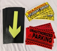 32 Driving and Parking Stickers. 10 Directional Stickers, 18 Unauthorized Parking Stickers & 4 Student Driver Stickers. Directional Stickers measures 5.5" by 11.5"