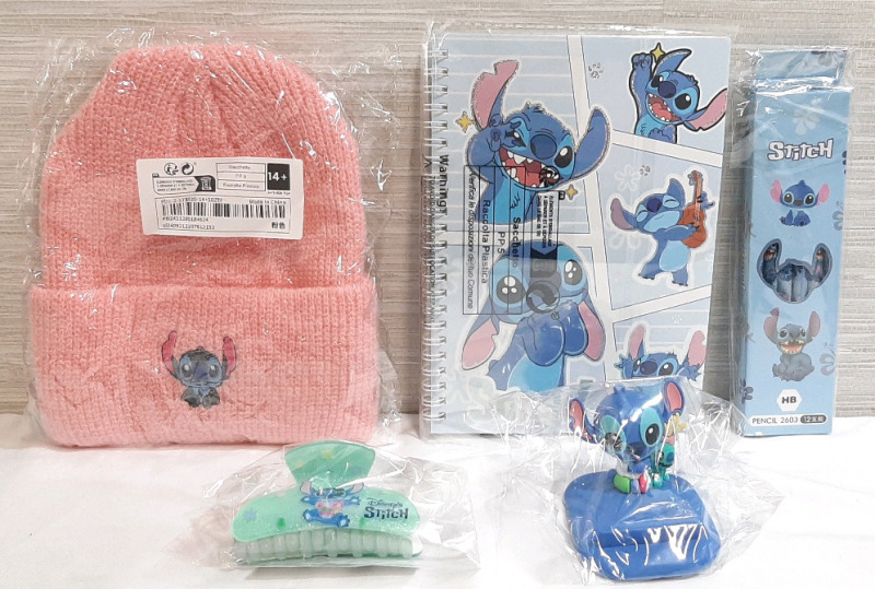 Lot of New Lilo & Stitch Merchandise, Including A Pink Beanie Hat, Notebook, Pencil Set, Hair Clip & Phone Stand
