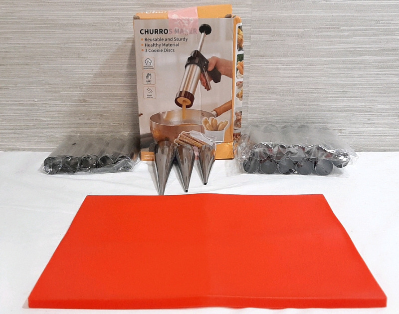Lot of New Kitchen Tools, Including A Churro Maker, 30 Stainless Steel Molds, 10 Stainless Steel Kitchen Tubes, 5 Stainless Steel Canoli Tubes & A Red Silicone Kitchen Mat (31"x11")