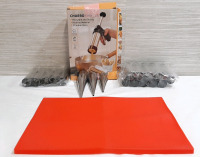 Lot of New Kitchen Tools, Including A Churro Maker, 30 Stainless Steel Molds, 10 Stainless Steel Kitchen Tubes, 5 Stainless Steel Canoli Tubes & A Red Silicone Kitchen Mat (31"x11")