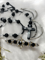 Beautiful Clear Cubed Faceted & Black Beads Enamel Cross Bar Brooch Clear and Black Rhinestones