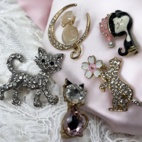 5 Adorable Cat Brooches CZ Rhinestone Enamels