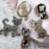 5 Adorable Cat Brooches CZ Rhinestone Enamels