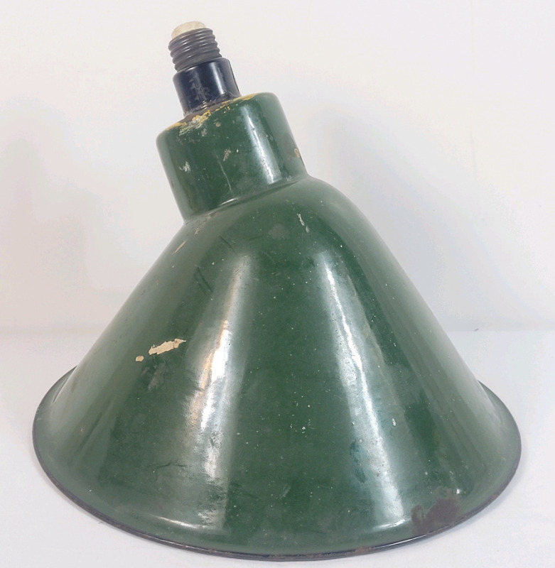 Vintage Green Enameled Metal Light Shade with Screw Thread Contact End . Measures 10" diameter