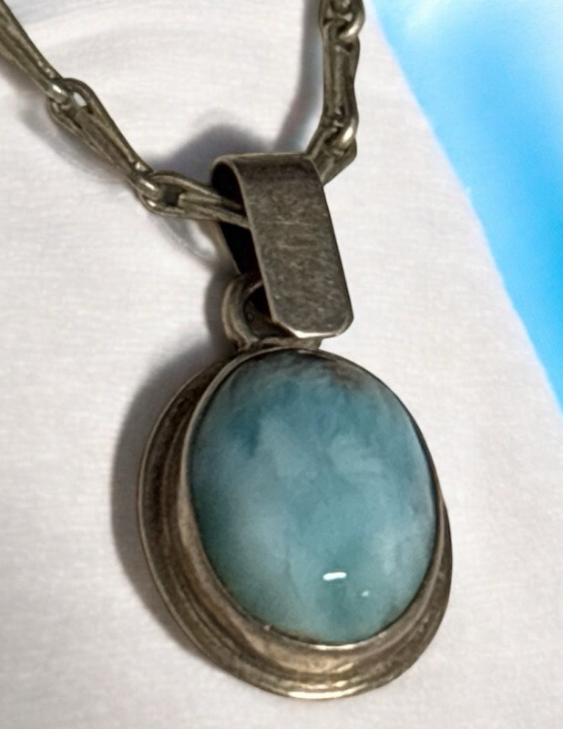 Larimar Oval 925 Sterling Silver Pendant W/ Chain