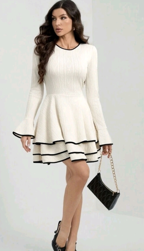 New sz Med Women's Casual Patchwork Trim Layered Hem Old Money Style Elegant Dress