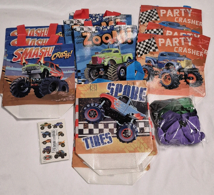 New Birthday Party Supplies Monster Truck Loot Bags + Stickers and Balloons
