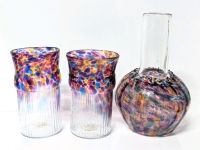 Signed 2010 Colorful Confetti Art Glass Decanter & 2 Glasses | Decanter 7.75" Tall