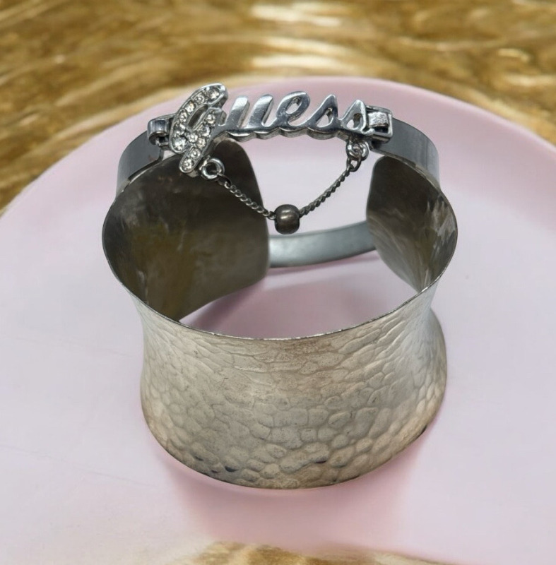 GUESS Logo Spell Out Bangle Sparkly CZ Silver Tone Cuff Stack Kitsch Retro Hammered Open Cuff Bracelet
