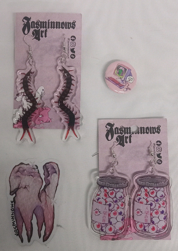 New | 4 Pcs | Jasminnows Art Set | Centipede Dangle Earrings, Jar of Eyes Dangle Earrings, Tooth Sticker & Computer Pin